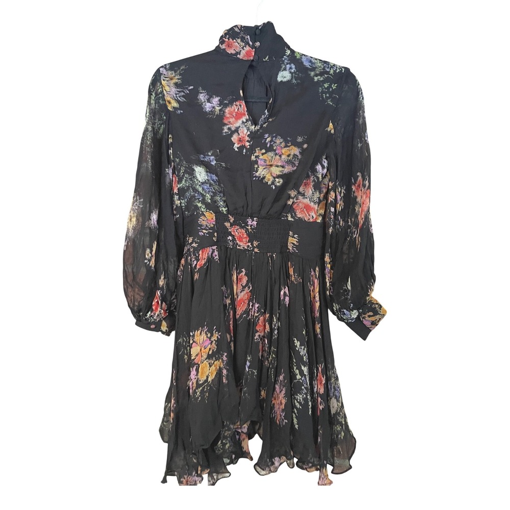 BHLDN Lior Long‎ Sleeve Turtleneck Chiffon Mini Dress Black Floral Print XXS NWT - Picture 9 of 15